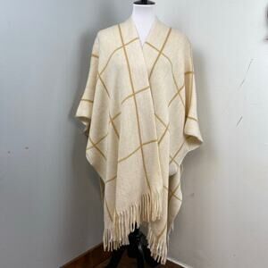 Lane Bryant Neutral Windowpane Fringe Knit Poncho Sweater One Size NWT